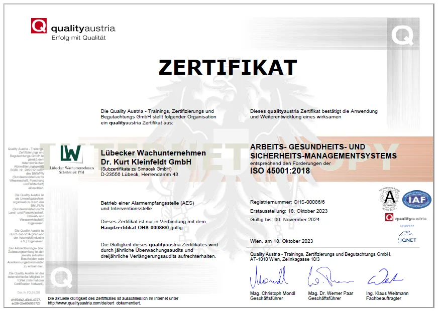 Zertifikat von qualityaustria für Lübecker Wachunternehmen Dr. Kurt Kleinfeldt GmbH über ein Arbeits-, Gesundheits- und Sicherheits-Managementsystem nach ISO 45