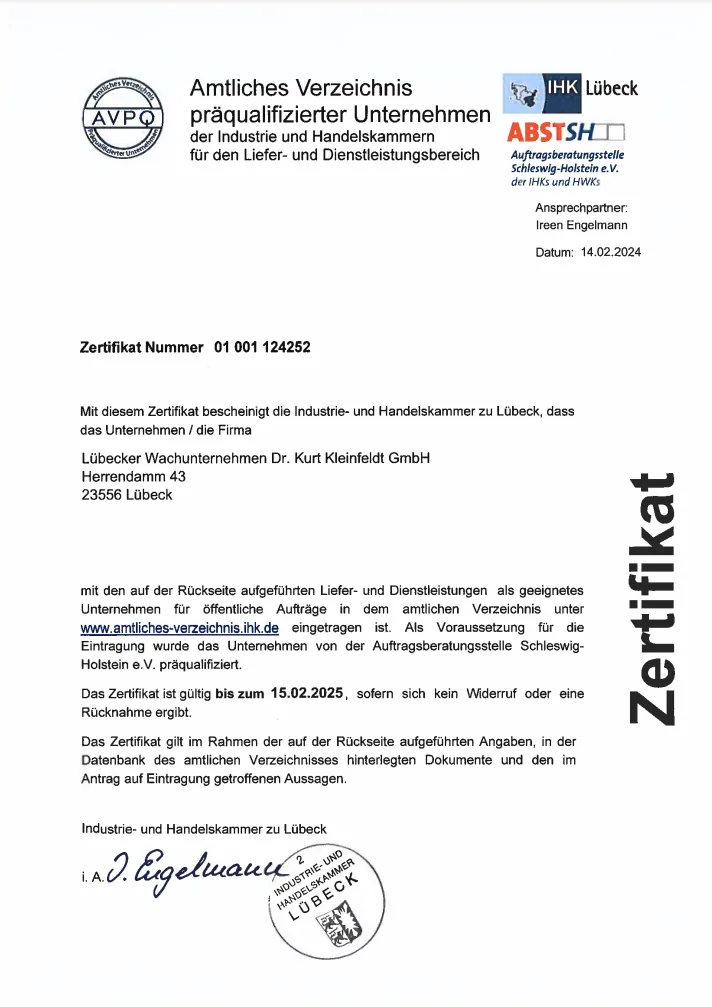 Zertifikat der IHK Lübeck für das Lübecker Wachunternehmen Dr. Kurt Kleinfeldt GmbH, das die Präqualifizierung für öffentliche Aufträge bestätigt.