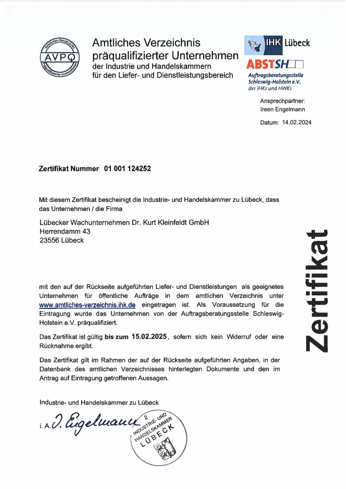 Dieses Zertifikat bestätigt die Präqualifizierung der Lübecker Wachunternehmen Dr. Kurt Kleinfeldt GmbH durch die IHK Lübeck für öffentliche Aufträge.