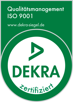 Ein grünes DEKRA-Siegel für Qualitätsmanagement nach ISO 9001, das die Zertifizierung durch DEKRA anzeigt.