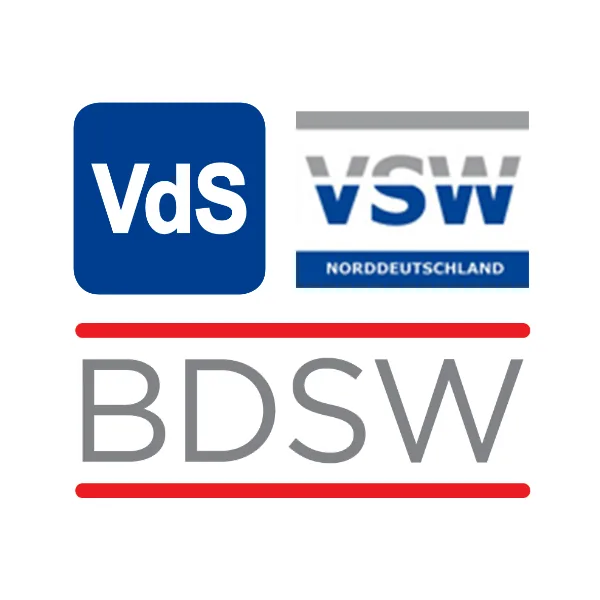 Drei Logos von Verbänden: VdS, VSW Norddeutschland und BDSW, die als Mitgliedssiegel dienen.