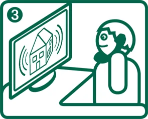 Eine Person sitzt vor einem Monitor, der ein Haus mit Schallwellen anzeigt, was auf eine Alarmüberwachung hindeutet. Oben links ist eine '3' zu sehen.