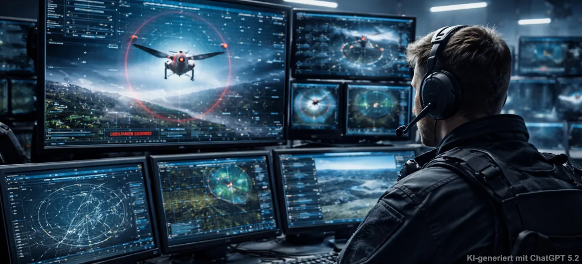 Sicherheitsmitarbeiter vor einer modernen Überwachungszentrale, der auf mehreren Bildschirmen Drohnenbewegungen im Luftraum analysiert.