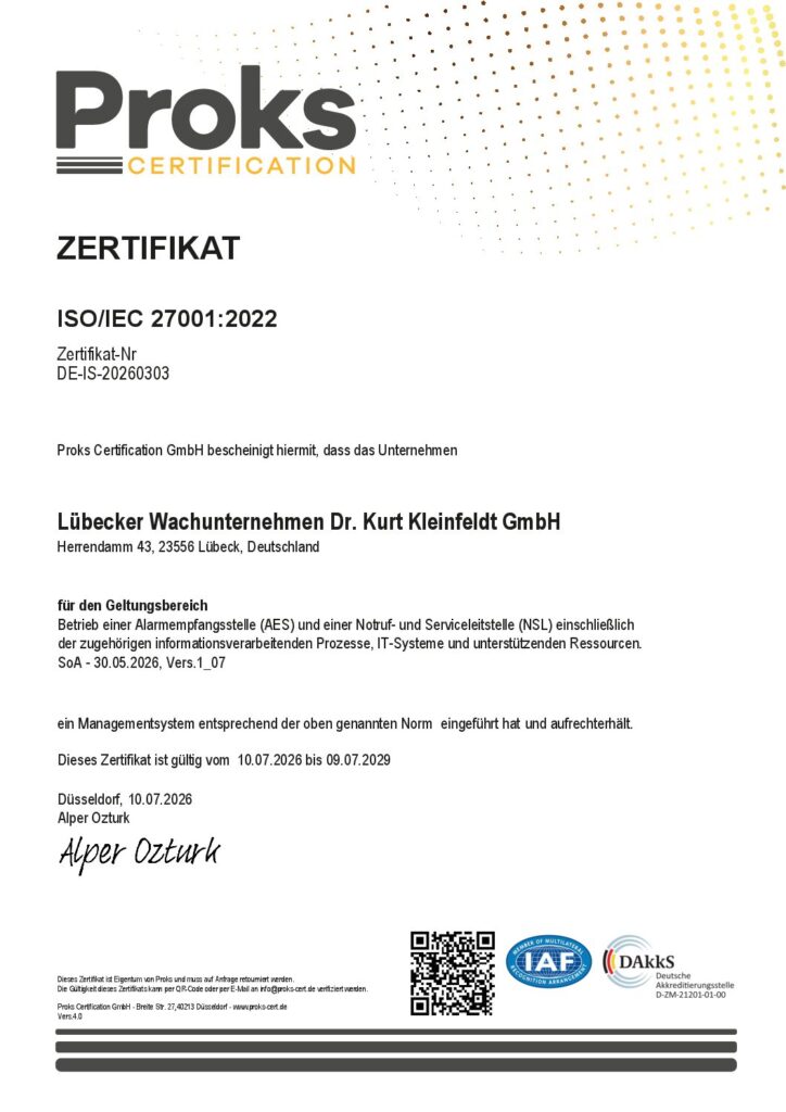 Proks Certification Zertifikat zur Informationssicherheit nach ISO/IEC 27001:2022.