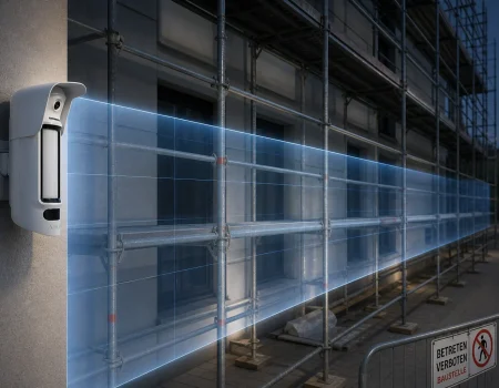 Ein Sicherheitsmelder an einer Fassade überwacht ein eingerüstetes Gebäude mit einem blau visualisierten Erfassungsbereich.