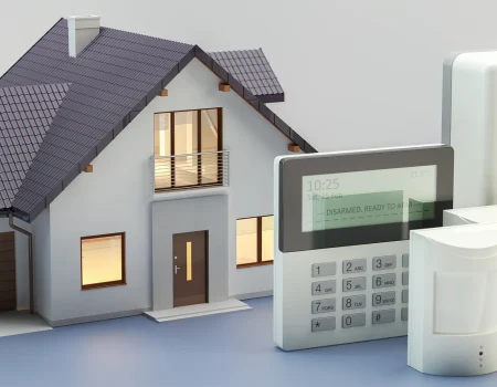 Ein Modellhaus steht neben einer Alarmanlage mit Bedienfeld, Bewegungsmeldern und Außensirene, die den Schutz eines Eigenheims symbolisiert.